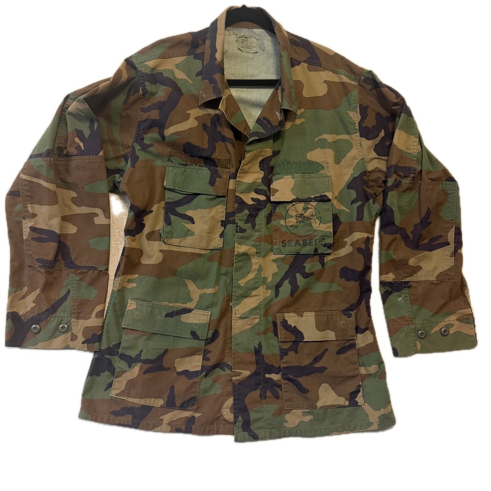 US MILITARY BDU Jacket Men's Large Long Woodland Camo Seabees Utility Shirt
